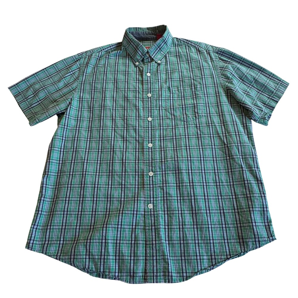 IZOD‎ Button Down Shirt Mens Large Green Blue Plaid Short Sleeve Classic Fit